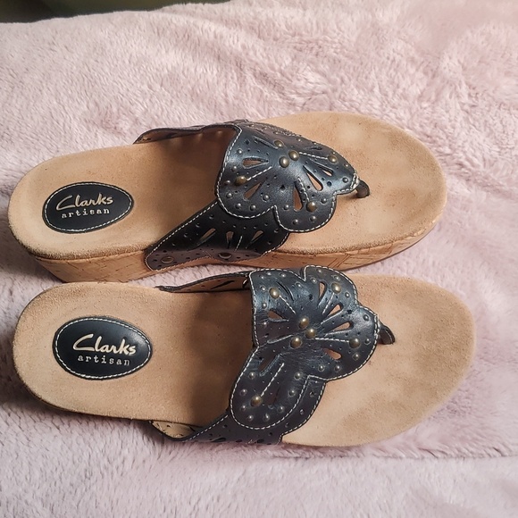 Clarks Women's Palima Palm Wedge Sandal in Black, Size 8 - Picture 2 of 11